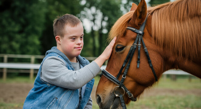 Child with Down Syndrome interacting with a horse in a serene rural setting during a sunny afternoon