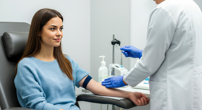 Young woman seated in a clinic preparing for a blood test with a healthcare professional on a weekday afternoon