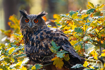 Eurasian Eagle-Owl (Bubo bubo) Hidden in Autumnal Foliage of Deciduous Tree