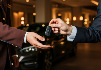 A hotel guest hands over car keys to a valet in a luxurious setting, emphasizing convenience and service