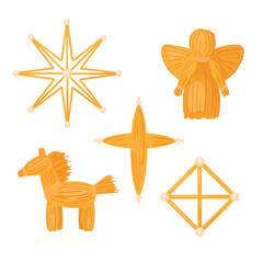 straw Christmas tree toys, angel, Christmas star, horse, New Year decor, holiday elements and symbols