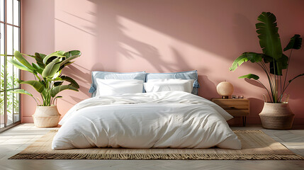 Cozy Bedroom with Blush Pink Walls and Natural Elements