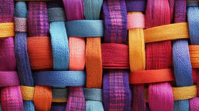A colorful piece of fabric with a variety of colors woven together. The colors are bright and vibrant, creating a cheerful and lively atmosphere. The fabric appears to be a work of art