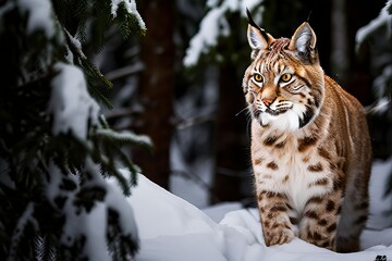 Obraz premium eurasian lynx in snow an eurasian lynx navigating through deep s