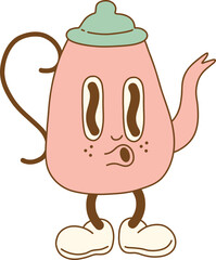 Cute pink teapot character with surprised expression and cartoonish features