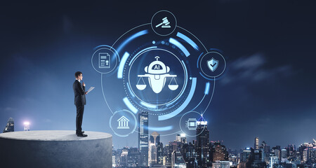 Businessman analyzing AI legal tech icons with cityscape backgro