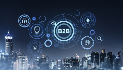 B2B Network and Technology Concept on Cityscape Background.