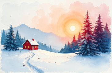 Fototapeta premium Wooden house in snowy mountains in winter, cottage in snow standing in ski resort during the day, high mountain peaks