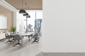 Conference room interior with blank projection screen, window. Mockup wall