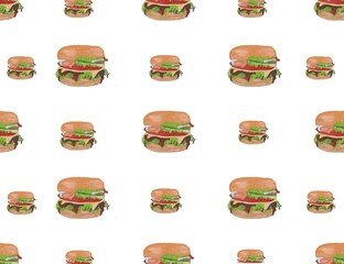 Cartoon colorful outline hamburgers seamless pattern. Flat vector burger texture for fast food restaurant or cafe menu banners, textile, wrapping paper, package, cover