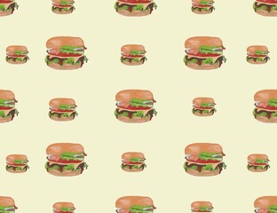 Cartoon colorful outline hamburgers seamless pattern. Flat vector burger texture for fast food restaurant or cafe menu banners, textile, wrapping paper, package, cover