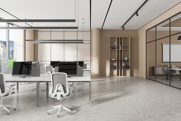 Modern open space office interior with workstations and glass meeting room. 3D Rendering