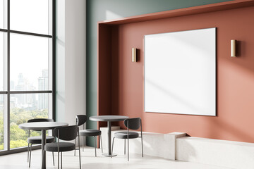 Colored cafeteria interior with seats and tables in row, window and mockup frame