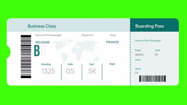 Belgium To France air ticket route 4k animation, business class boarding pass design