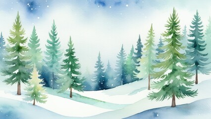 Obraz premium Christmas background with a peaceful watercolor winter forest, snow-covered pine trees, soft shades of green and blue, gentle snowfall, serene and calming holiday atmosphere