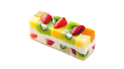 Colorful fruit dessert with jelly and strawberries, white background.