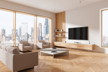 Home living room interior with armchairs and couch, tv near panoramic window