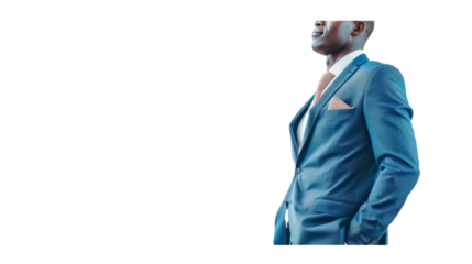 Confident businessman in suit with hands in pockets, isolated.