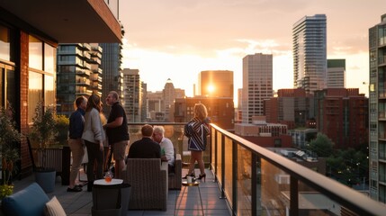 A rooftop terrace party unfolds at sunset, with friends engaged in lively conversations against a backdrop of a stunning urban skyline.