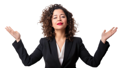 Confident businesswoman with raised arms, black isolate background.