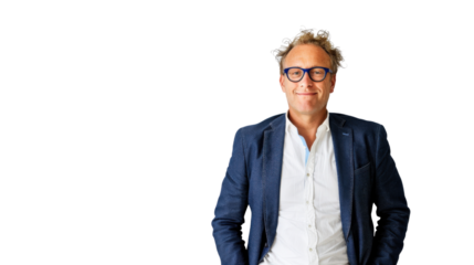 Confident man in formal attire smiling, white isolated background.