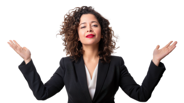 Confident businesswoman with raised arms, black isolate background.