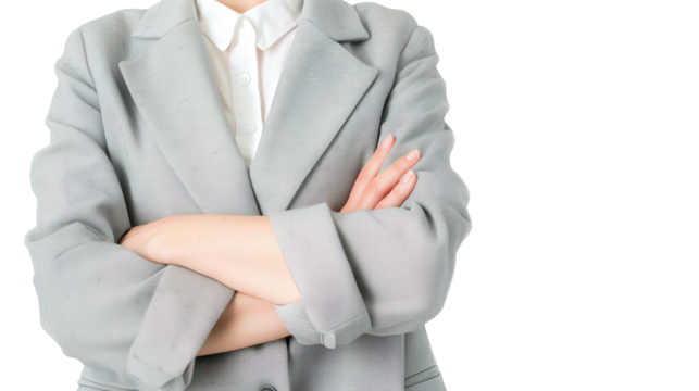 Confident businesswoman with arms crossed, white isolate background