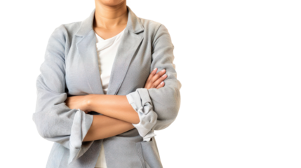 Confident woman with arms crossed, white isolate background.