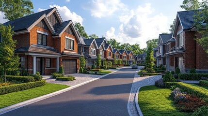Naklejka premium Highly detailed suburban homes with brick facades, driveways, and front lawns, shown against a white background.