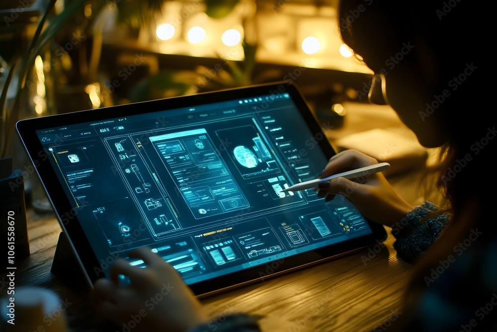 Poster designer sketching wireframes for mobile app on digital tablet in creative workspace