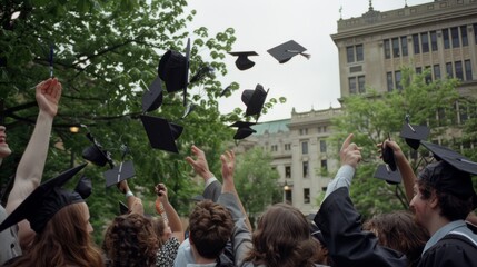 Graduates jubilantly toss caps in the air amid historic buildings, symbolizing newfound futures.