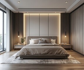 Modern Bedroom with Marble Flooring and Mirrored Closet