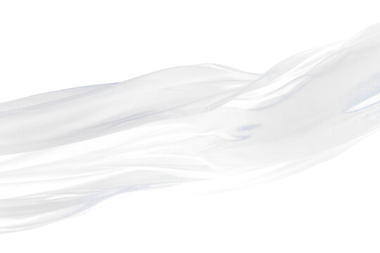 Blue silver shinny fabric flying in curve shape, Piece of textile blue silvery fabric throw fall in air. Black background isolated, dark shading environment