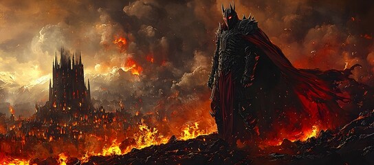 Spiked Dark Lord in Ominous Fantasy of Fiery Castle Siege