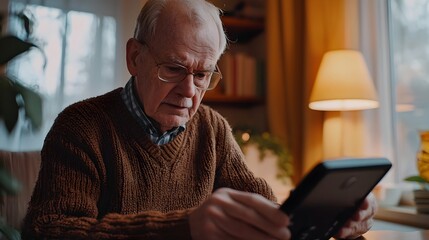 Obraz premium Senior Man Checking Blood Pressure at His Cozy Home in the Early Morning Light