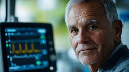 Elderly Man Examining Digital Health Monitor with Focused Expression