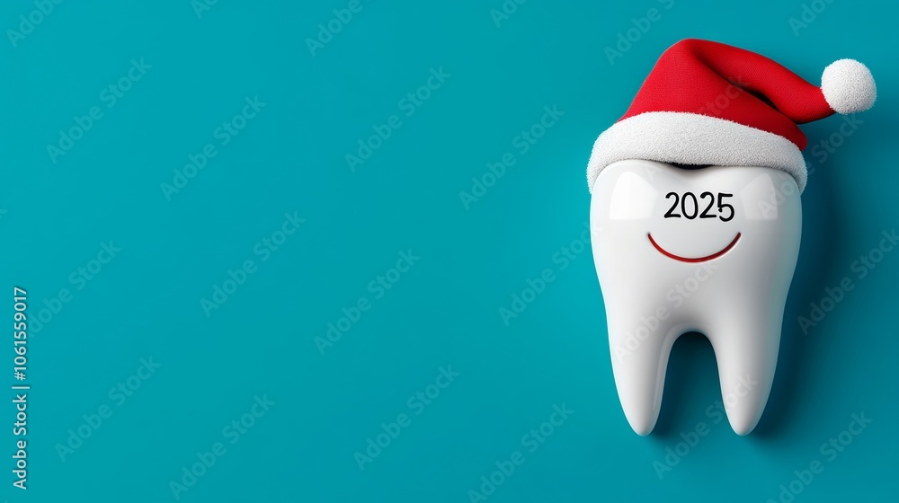 Poster tooth with a red hat on it and the number 2025 on it. the tooth is smiling and the hat is red and wh
