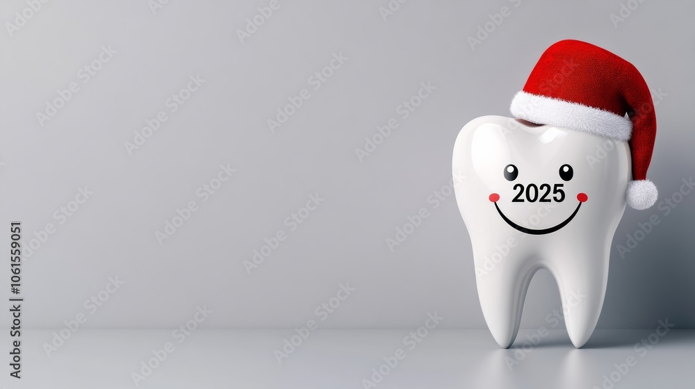 Aufkleber tooth with a red hat on it and the number 2025 written on it. the tooth is smiling and he is happy