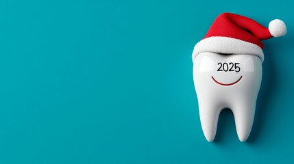 Tooth with a red hat on it and the number 2025 on it. The tooth is smiling and the hat is red and white