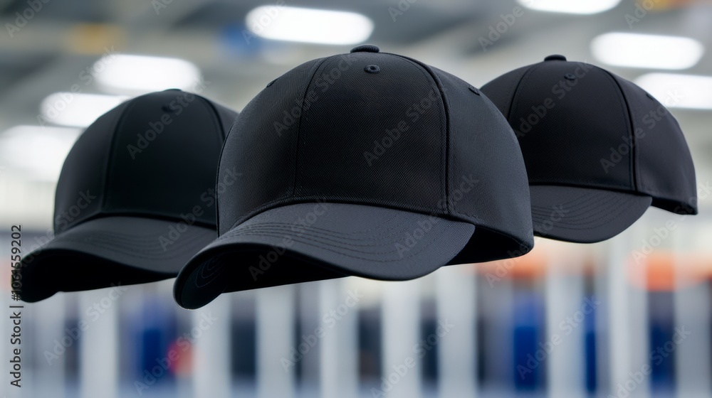 Poster three black hats are shown in a row. the hats are all the same color and have a similar design. hats