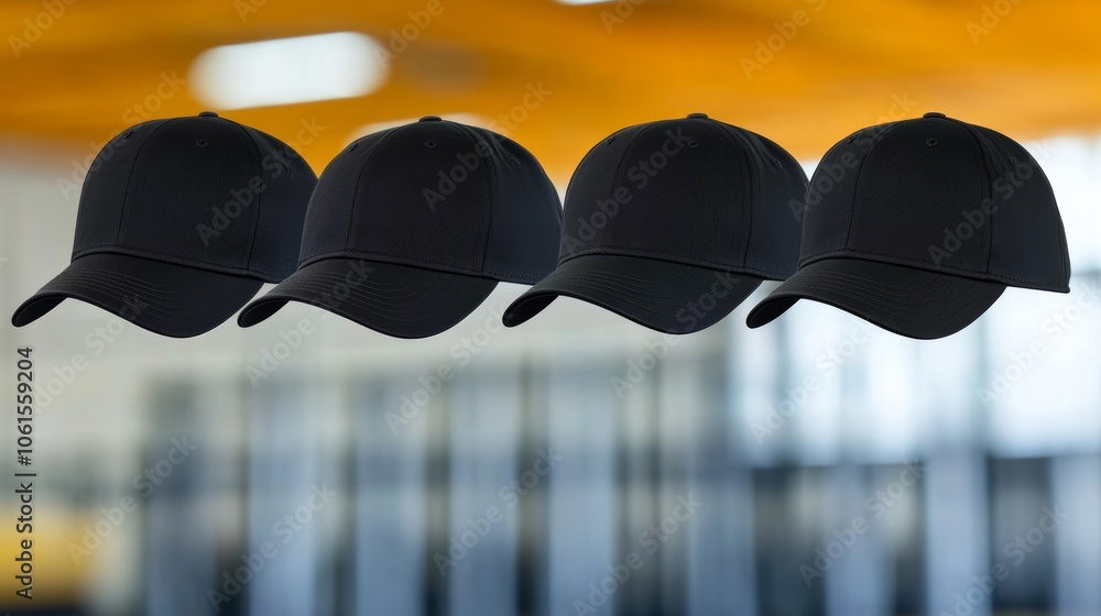 Poster four black hats are hanging from a ceiling. the hats are all the same color and style. the hats are 