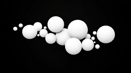 Bunch of white spheres are scattered across a black background. The spheres are all different sizes and are arranged in a way that creates a sense of movement and energy. Scene is dynamic and lively