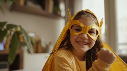 A child joyfully embodies heroism in a vibrant yellow superhero outfit, inside a cozy home setting.