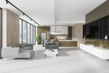 Modern kitchen and living room interior with sleek design. 3D Rendering