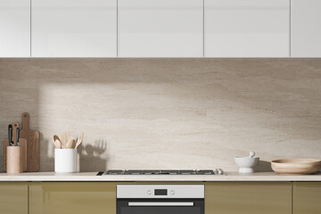 Modern kitchen interior with countertop and utensils on a marble backsplash. 3D Rendering