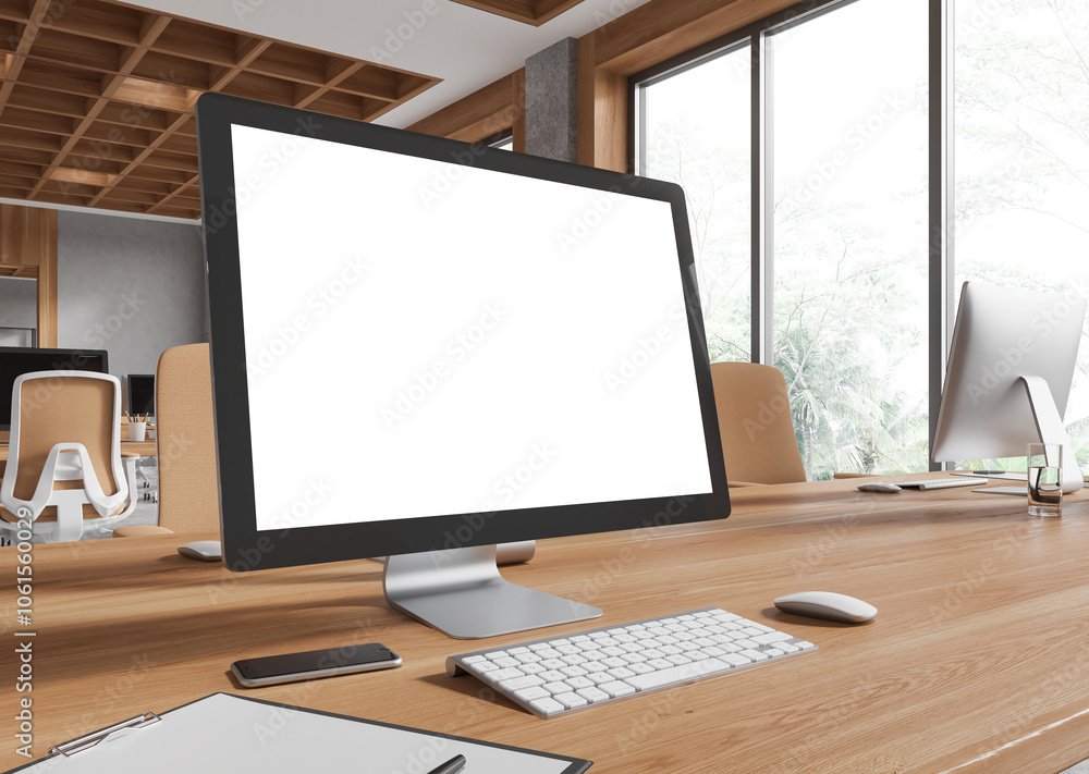 Poster blank desktop computer display mockup in modern office environment. 3d rendering
