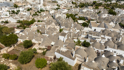 Aerial view of the trulli located in the Monti district in the town of Alberobello, in the...