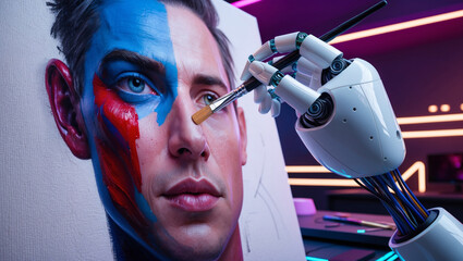 Mechanical Hand with Paintbrush – A robotic hand painting on a canvas, depicting AI's creativity.