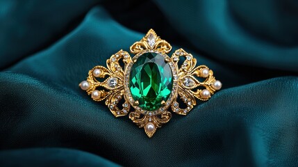 Vintage Emerald Brooch with Intricate Design