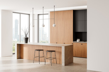 Elegant home kitchen interior with bar island, cabinet and panoramic window